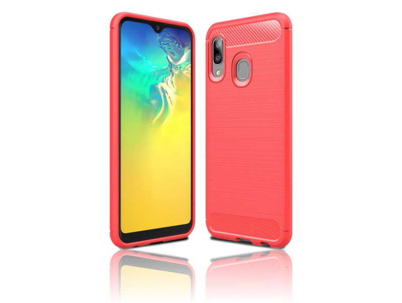 Carbon Fiber TPU Cover til Samsung Galaxy A20e-Rød