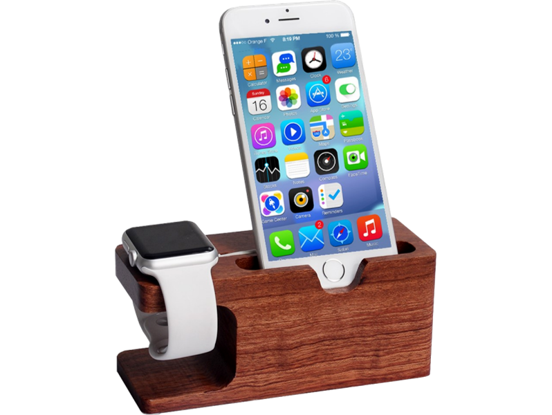 Holder til Apple Watch og iPhone i træ