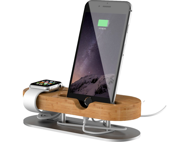 Holder til Apple Watch og iPhone i bambus og aluminum