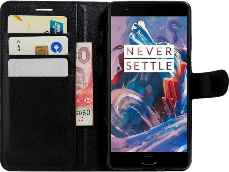 Lychee Pu Læder Flipcover Til Oneplus 3 / 3T-Sort Oneplus 3/3T
