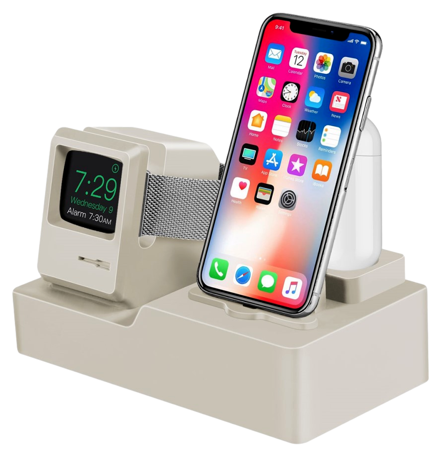 3-i-1 Silikone Holder til iPhone, Apple Watch & AirPods-Beige