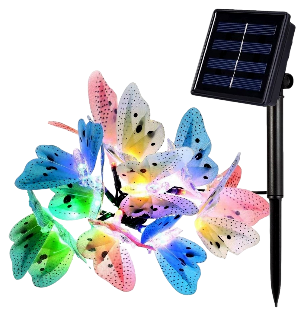 12-LED Solcelle Lyskæde Sommerfugle - Flerfarvet
