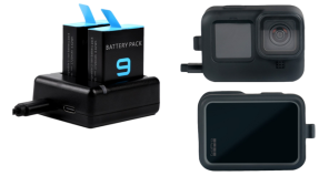 Pakke m. Dobbelt Batteri Oplader til GoPro Hero 9/10/11/12 Black & Sort Silicone Beskyttelseshus til GoPro Hero 9/10/11/12 Black