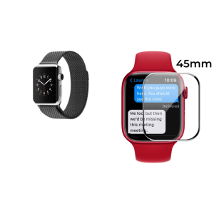 Pakke m. Mesh urlænke i rustfrit stål til Apple Watch 7 - 45mm Sort-42/44 mm & 3D Curved Skærmbeskyttelse / Hærdet Beskyttelsesglas til Apple Watch 7 45 mm