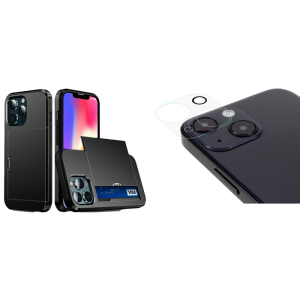 Pakke m. Slide Kortholder Cover til iPhone 13 Sort & Kamera Skærmbeskyttelse / Beskyttelsesglas til iPhone 13