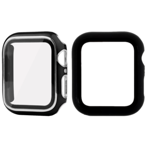 Pakke m. Cover med Skærmbeskyttelse & Sølvkant til Apple Watch 4 / 5 / 6 / SE / SE (2022)- 44mm Sort & Hard Case med Beskyttelsesglas til Apple Watch 4 / 5 / 6 / SE / SE (2022) - 44mm Sort