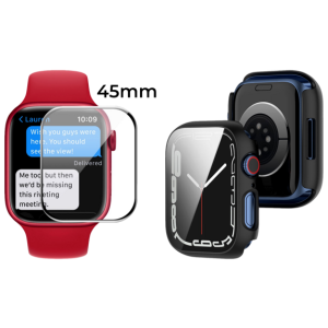 Pakke m. 3D Curved Hærdet Beskyttelsesglas til Apple Watch 7 45 mm & Cover med Skærmbeskyttelse til Apple Watch 7 - 45mm Sort