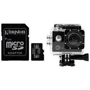 Pakke m. Kingston Canvas Select 32GB MicroSD inkl. adapter & 720P Action Kamera m. Vandtæt Hus