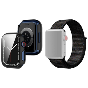 Pakke m. Cover med Beskyttelsesglas / Skærmbeskyttelse til Apple Watch 7 - 45mm Sort & Suwon Velcro Rem til Apple Watch 7 - 45mm Sort