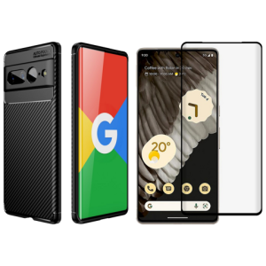 Pakke m. Carbon Cover til Google Pixel 7 Pro & Beskyttelsesglas / Skærmbeskyttelse / 3D Glas til Google Pixel 7 Pro