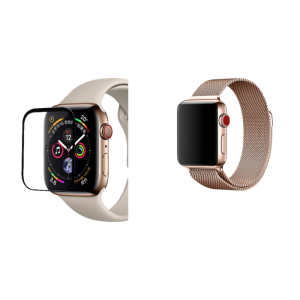 Pakke m. 3D Curved Skærmbeskyttelse / Hærdet Beskyttelsesglas til Apple Watch SE 40 mm & Mesh urlænke i rustfrit stål til Apple Watch SE Rosa-38/40 mm
