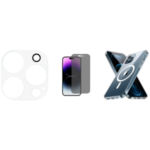 Pakke m. Kamera Skærmbeskyttelse / Beskyttelsesglas til iPhone 14 Pro / Pro Max & Privacy Glas til iPhone 14 Pro Max & Gennemsigtigt Cover med MagSafe til iPhone 14 Pro Max