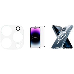 iPhone 14 Pro Beskyttelsespakke - Beskyttelsesglas / Skærmbeskyttelse / Kamerabeskyttelse & Gennemsigtigt Cover m. MagSafe