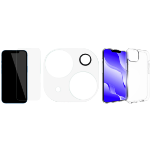 iPhone 14 Beskyttelsespakke med Beskyttelsesglas / Skærmbeskyttelse, Kamera beskyttelse & Gennemsigtigt Silikone Cover