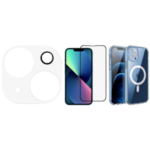 Pakke m. Kamera Skærmbeskyttelse / Beskyttelsesglas til iPhone 14 / 14 Plus & 3D Skærmbeskyttelse / Beskyttelsesglas til iPhone 14 & Gennemsigtigt Cover med MagSafe til iPhone 14