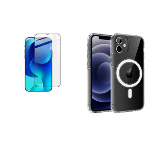 Pakke m. Beskyttelsesglas / Skærmbeskyttelse / 3D Glas til iPhone 12 / 12 Pro & Gennemsigtigt Cover med MagSafe til iPhone 12 / 12 Pro