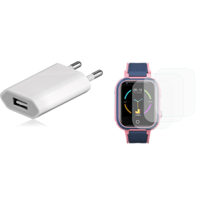 Pakke m. USB Oplader til Stikkontakt til fx. iPhone, Samsung & iPad & 3 stk. Skærmbeskyttelse / Film til G12 Smartwatch