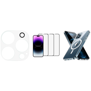 Pakke m. Kamera Beskyttelsesglas til iPhone 14 Pro / Pro Max & 3 stk. Skærmbeskyttelse / 3D Glas til iPhone 14 Pro & Gennemsigtigt Cover med MagSafe til iPhone 14 Pro