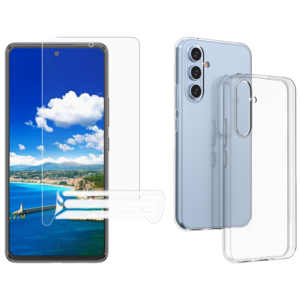 Pakke m. Skærmbeskyttelse / Film til Samsung Galaxy A54 5G & Gennemsigtig Silikone Cover til Samsung Galaxy A54 5G