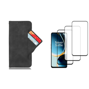Pakke m. Kortholder Flip Cover til OnePlus Nord CE 3 Lite 5G & 3 Stk. Beskyttelsesglas / Skærmbeskyttelse / 3D Glas til OnePlus Nord CE 3 Lite 5G