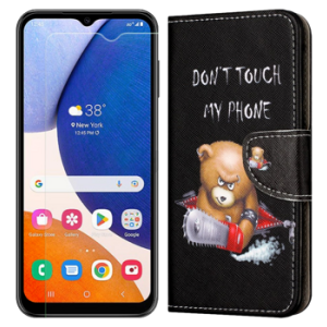 Pakke m. Beskyttelsesglas / Skærmbeskyttelse / Glas til Samsung Galaxy A14 4G / 5G & Angry Bear Flip Cover til Samsung Galaxy A14 4G / 5G