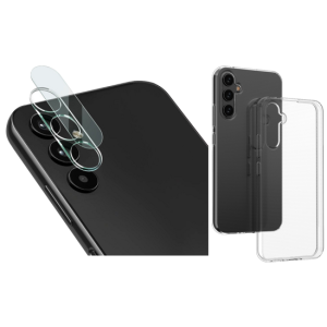 Pakke m. Kamera Skærmbeskyttelse / Beskyttelsesglas til Samsung Galaxy A34 5G & Gennemsigtigt Silikone Cover til Samsung Galaxy A34 5G