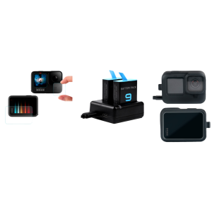 Pakke m. Sæt m. Skærmbeskyttelse / Hærdet Beskyttelsesglas til GoPro Hero 9 / 10 Black & Dobbelt Batteri Oplader til GoPro Hero 9 / 10 Black & Sort Silicone Beskyttelseshus til GoPro Hero 9 / 10 Black