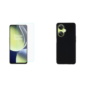Pakke m. Beskyttelsesglas / Skærmbeskyttelse / Glas til OnePlus Nord CE 3 Lite 5G & Sort Silikone Cover til OnePlus Nord CE 3 Lite 5G
