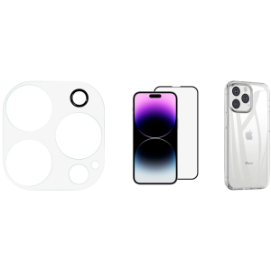 Pakke m. Kamera Skærmbeskyttelse / Beskyttelsesglas til iPhone 14 Pro / Pro Max & 3D Skærmbeskyttelse / Beskyttelsesglas til iPhone 14 Pro & Gennemsigtig Silikone Cover til iPhone 14 Pro