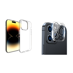 Pakke m. Gennemsigtigt Silikone Cover til iPhone 15 Pro & Kamera Skærmbeskyttelse / Beskyttelsesglas til iPhone 15 Pro / Pro Max