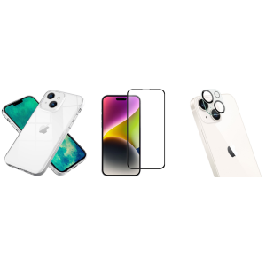 Pakke m. Gennemsigtigt Silikone Cover til iPhone 15 & Skærmbeskyttelse / 3D Glas til iPhone 15 & Kamera Beskyttelsesglas til iPhone 15 / 15 Plus