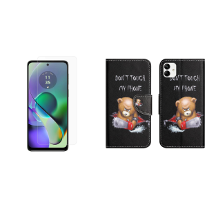 Pakke m. Motorola Moto G54 5G Beskyttelsesglas / Skærmbeskyttelse & Angry Bear Flip Cover til Motorola Moto G54 5G