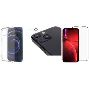 Pakke m. Transparent TPU Cover til iPhone 13 & Kamera Skærmbeskyttelse / Beskyttelsesglas til iPhone 13 & 3D Skærmbeskyttelse / Beskyttelsesglas til iPhone 13
