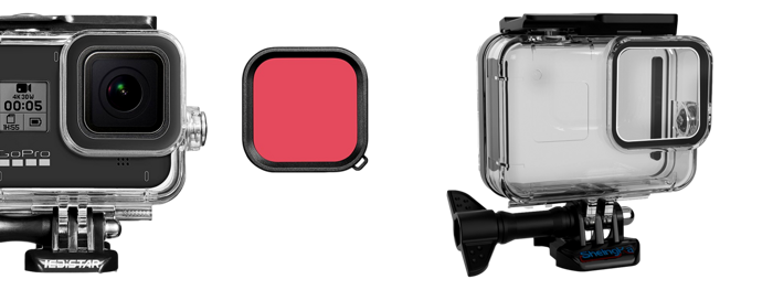 Pakke m. Dykkerfilter til GoPro 8 Black Rød & 40M Vandtæt til GoPro Hero 8
