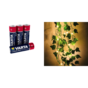 Pakke m. 4-pak Alkaline AA Batterier & 20-LED Lyskæde Guirlande med Grønne Blade