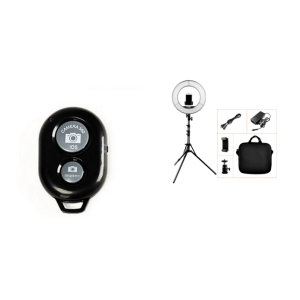 Pakke m. Bluetooth Udløser til Selfie Stang / Mobilkamera & XXL Stort Ring Light med Stativ