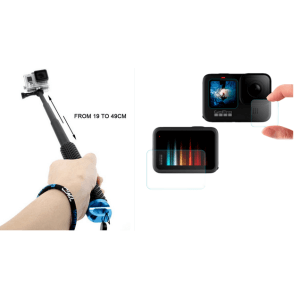 Pakke m. Håndholdt pole med teleskopstang til GoPro & Sæt m. Hærdet Beskyttelsesglas til GoPro Hero 9 / 10 Black