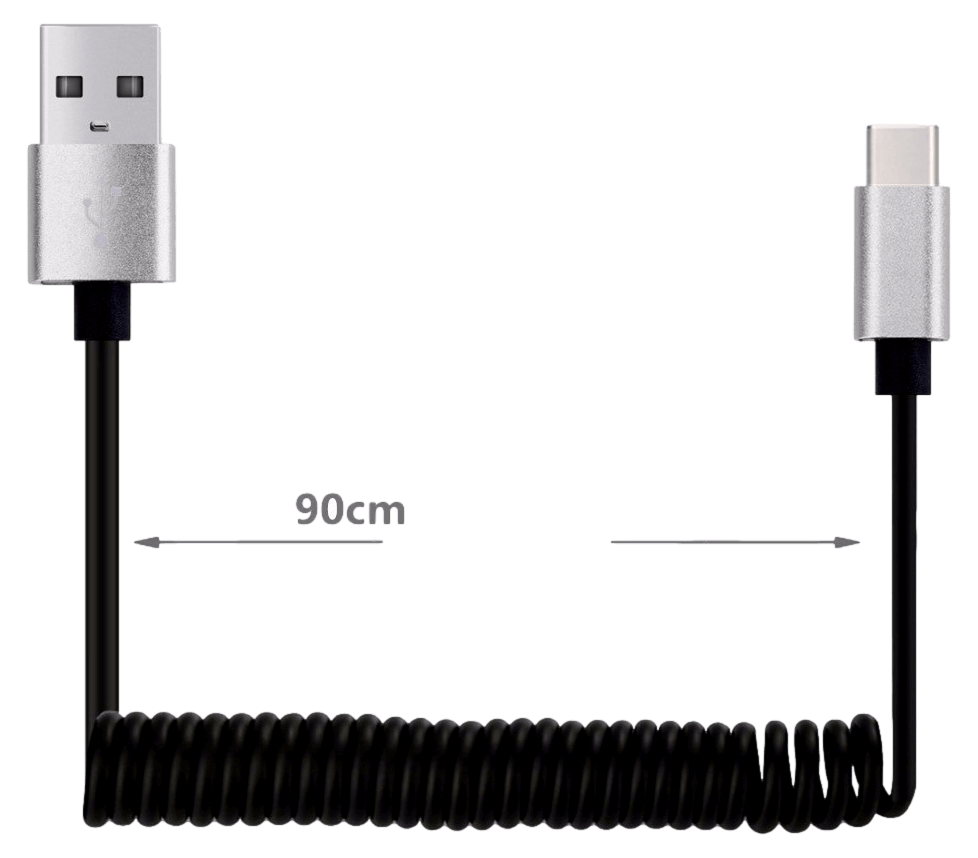 System-S USB-C Auf USB-A Kabel – Spiralförmig Dehnbar, Gewinkelt, Bis 135 Cm