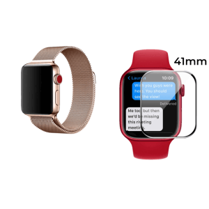 Pakke m. Mesh urlænke i rustfrit stål til Apple Watch 7 - 41mm Rosa-38/40 mm & 3D Curved Hærdet Beskyttelsesglas til Apple Watch 7 41 mm