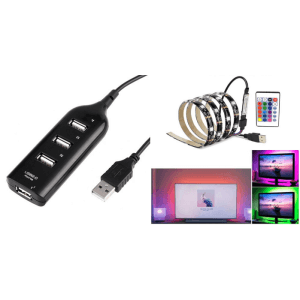 Pakke m. USB Hub m/ 4 Port & LED Strips / Lysbånd til Værelse, PC & TV m. Fjernbetjening 2 meter