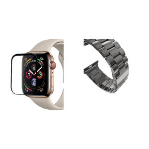 Pakke m. 3D Curved Hærdet Beskyttelsesglas til Apple Watch SE 40 mm & Rem / urlænke i rustfrit stål til Apple Watch SE Sort-38/40 mm