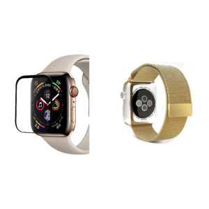 Pakke m. 3D Curved Hærdet Beskyttelsesglas til Apple Watch SE 40 mm & Mesh urlænke i rustfrit stål til Apple Watch SE Guld-38/40 mm