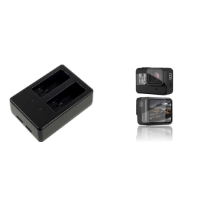 Pakke m. Dobbelt batteri-oplader til GoPro HERO 5 / 6 / 7 / 8 & Hærdet Beskyttelsesglas til GoPro HERO 8 Black
