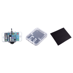 Pakke m. Smartphone Holder & Etui til Hukommelseskort & Mikrofiberklud til Smartphone / Computer Skærm & Kameralinser