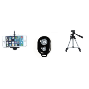 Pakke m. Smartphone Holder & Bluetooth Udløser til Selfie Stang / Mobilkamera & Foldbar Tripod til Ringlys, GoPro & DSLR Kamera (35-102cm)