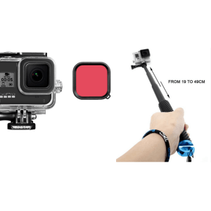 Pakke m. Dykkerfilter til GoPro Hero 8 Black Rød & Håndholdt pole med teleskopstang til GoPro