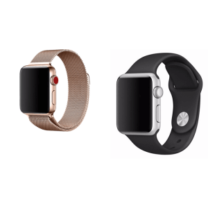 Pakke m. Mesh urlænke i rustfrit stål til Apple Watch 3 Rosa-38/40 mm & Sportsrem til Apple Watch Series 3 Sort-38/40 mm