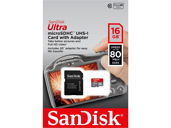 Evermart Sandisk Ultra 16Gb Microsd Inkl. Adapter Gopro Hero 3 & 3+ Tilbehør